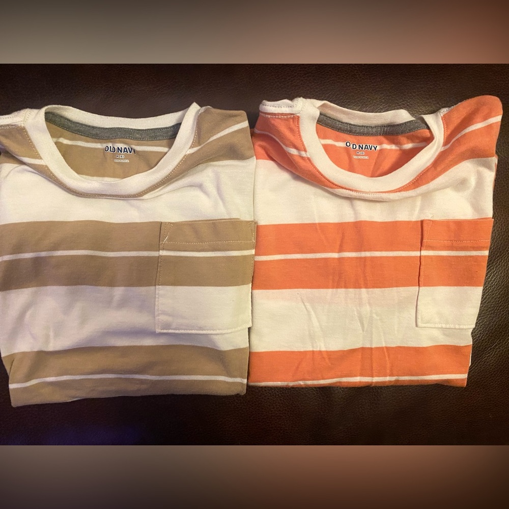 Old Navy M(8) 2-Pack Kids Short Sleeve Tees, Beige/Cream & Coral/Cream Stripes!